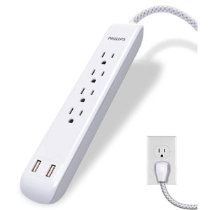 Philips - Protecteur de Surtension à 4 Prises et 2 Port USB, 720 Joules, Cordon de 4 Pieds, Blanc - Simple Boutique