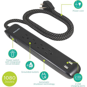 Philips - Protecteur de Surtension à 4 Prises et 2 Port USB, 720 Joules, Cordon de 4 Pieds, Noir - Simple Boutique