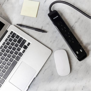 Philips - Protecteur de Surtension à 4 Prises et 2 Port USB, 720 Joules, Cordon de 4 Pieds, Noir - Simple Boutique