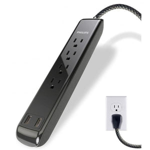 Philips - Protecteur de Surtension à 4 Prises et 2 Port USB, 720 Joules, Cordon de 4 Pieds, Noir - Simple Boutique
