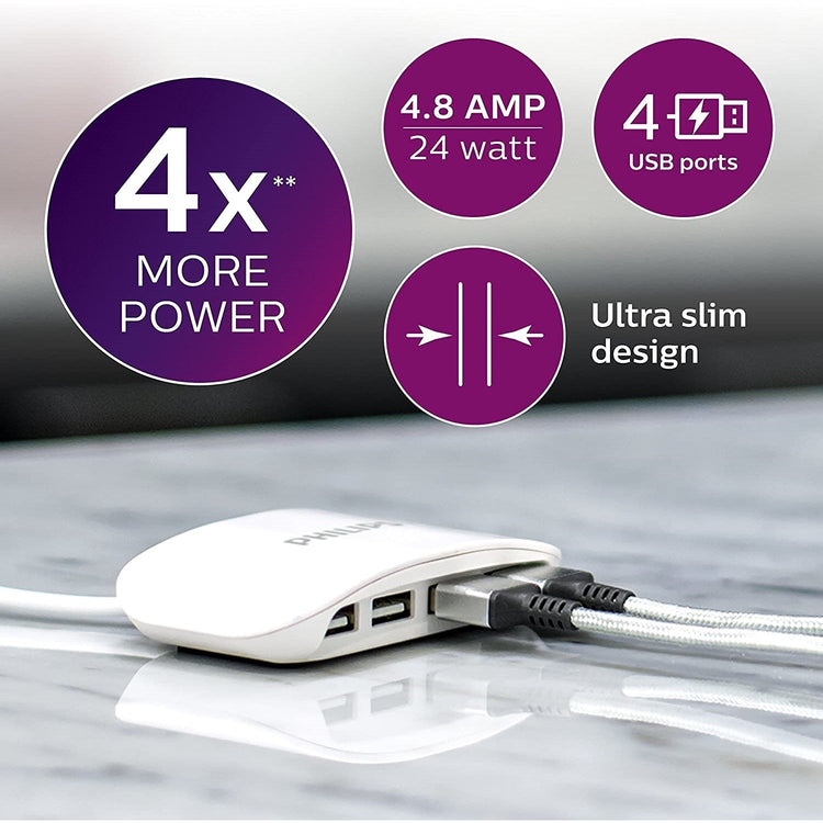 Philips - Station de Chargement avec 4 Ports USB 4.8A, Blanc - Simple Boutique