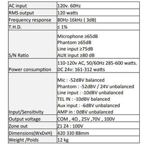 Prologue SA-6120S Amplificateur 120w 70v ou 8 Ohms Entrées Micro AUX Téléphone 4 Zones avec contrôles de volumes - Simple Boutique