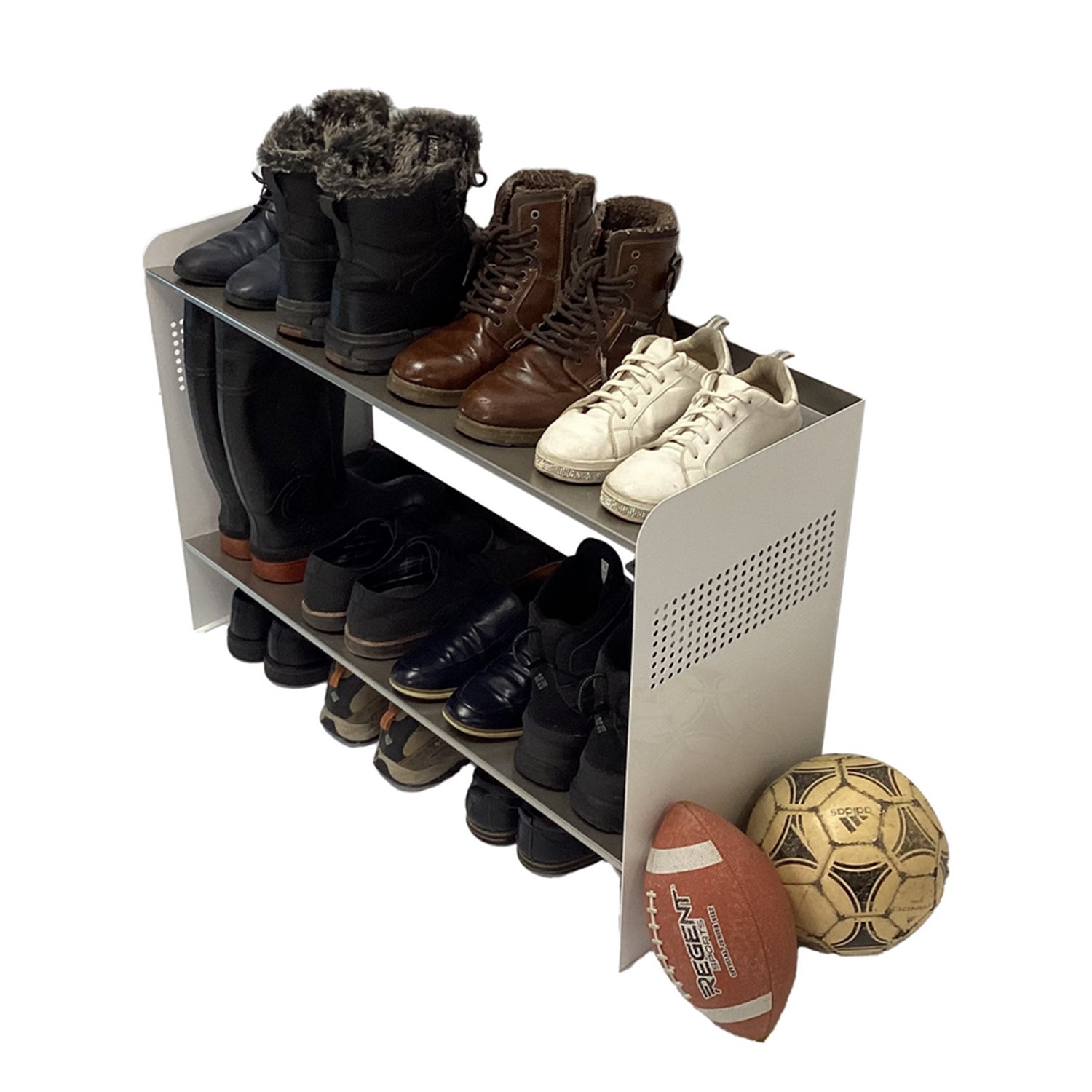 RAKABOT Signature - Étagère de Rangerment pour Bottes d'hiver et Bottes de Pluies avec Système de Récupération d'eau, Fait au Canada, Fini Acier Inoxidable/Coté Blanc - Simple Boutique