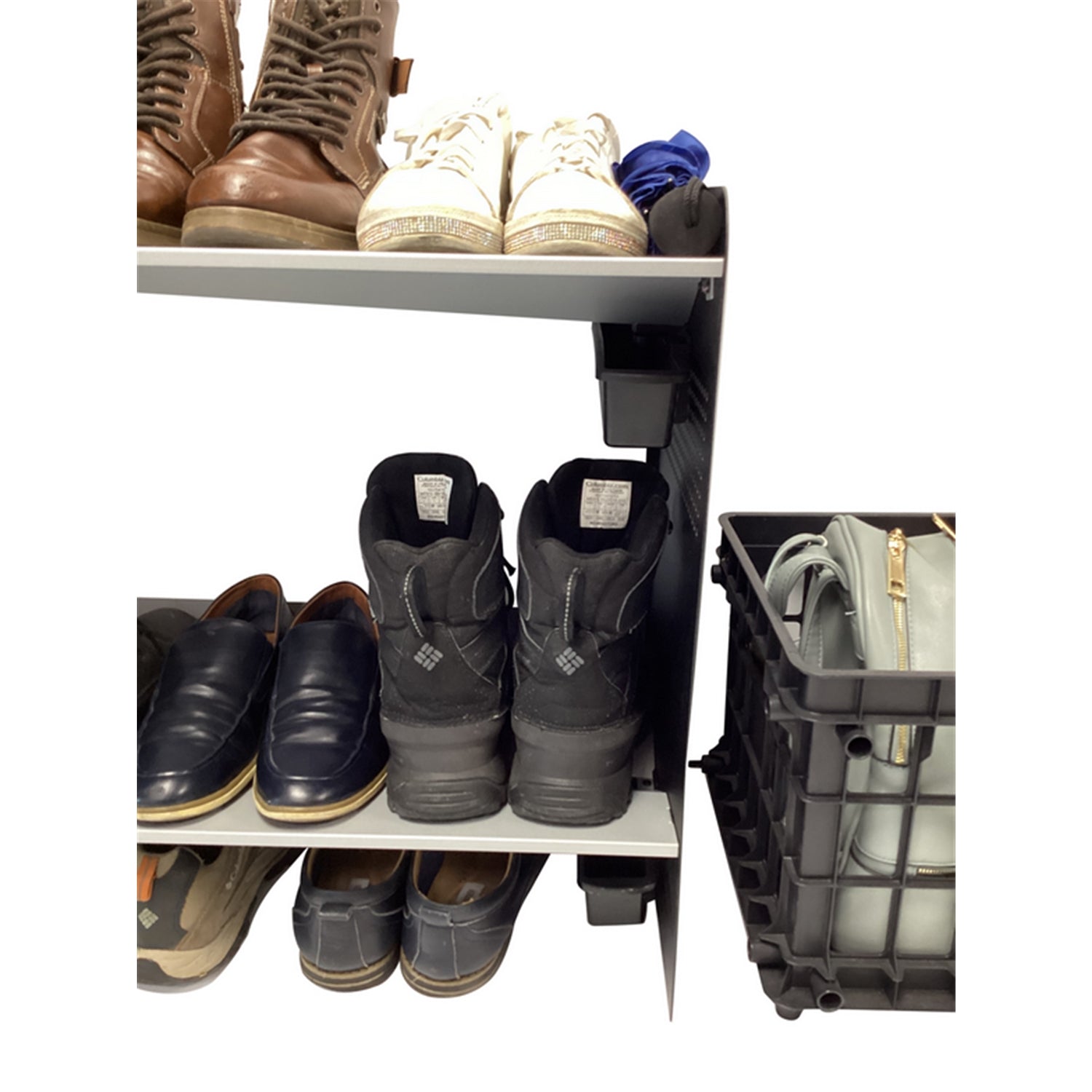 RAKABOT Signature - Étagère de Rangerment pour Bottes d'hiver et Bottes de Pluies avec Système de Récupération d'eau, Fait au Canada, Fini Aluminium Brossé/Cotés Noir - Simple Boutique