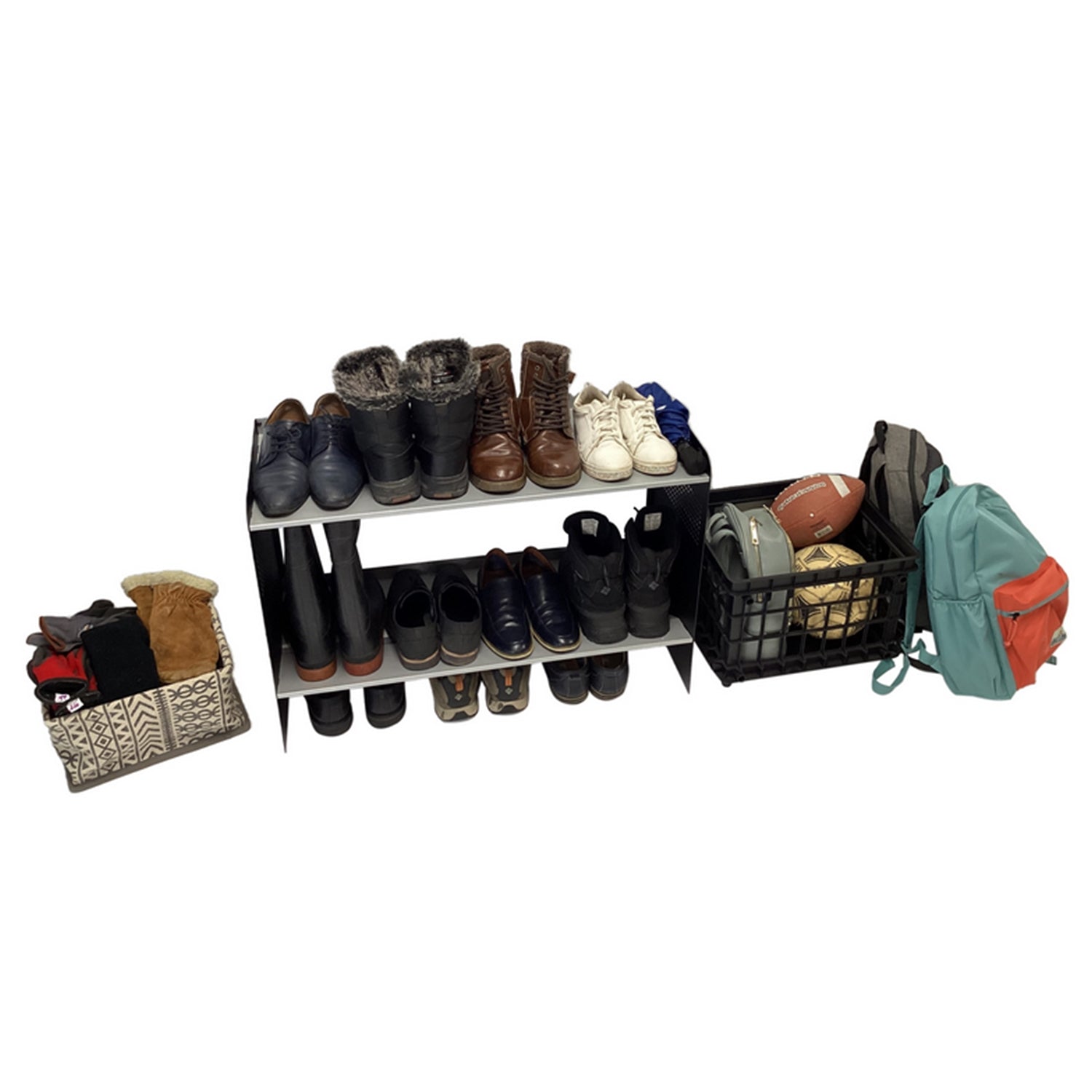 RAKABOT Signature - Étagère de Rangerment pour Bottes d'hiver et Bottes de Pluies avec Système de Récupération d'eau, Fait au Canada, Fini Aluminium Brossé/Cotés Noir - Simple Boutique