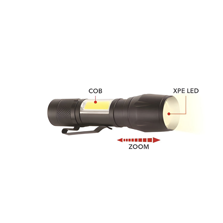 RCA - Lampe Torche COB en Métal, Rechargeable avec Mini Lanterne et Zoom, Noir - Simple Boutique