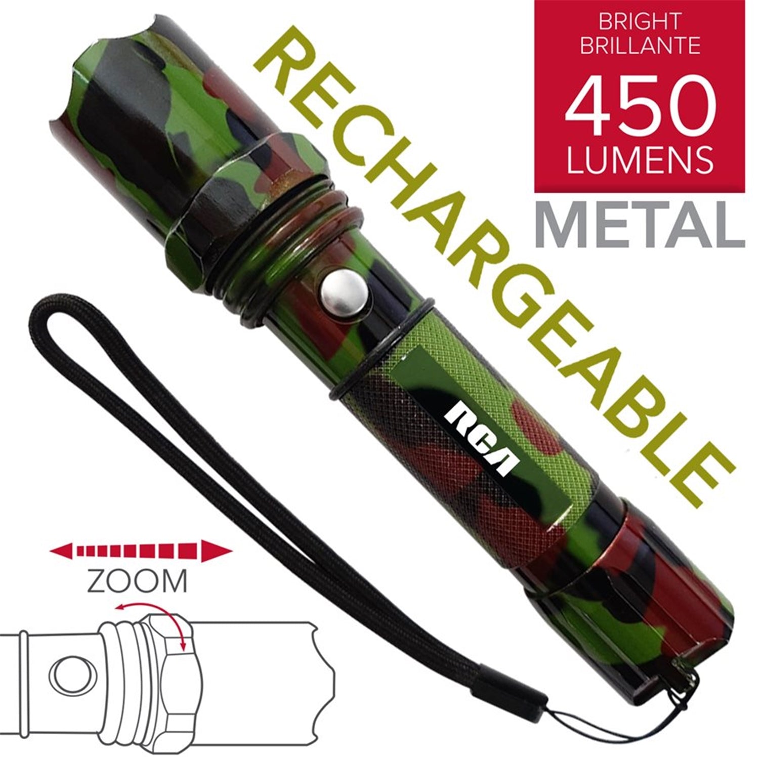 RCA - Lampe de Poche en Métal DEL XPE, Rechargeable, 450 Lumens, Motif Camouflage - Simple Boutique