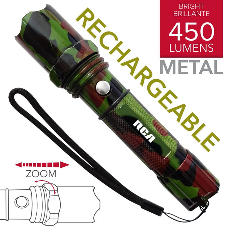 RCA - Lampe de Poche en Métal DEL XPE, Rechargeable, 450 Lumens, Motif Camouflage - Simple Boutique