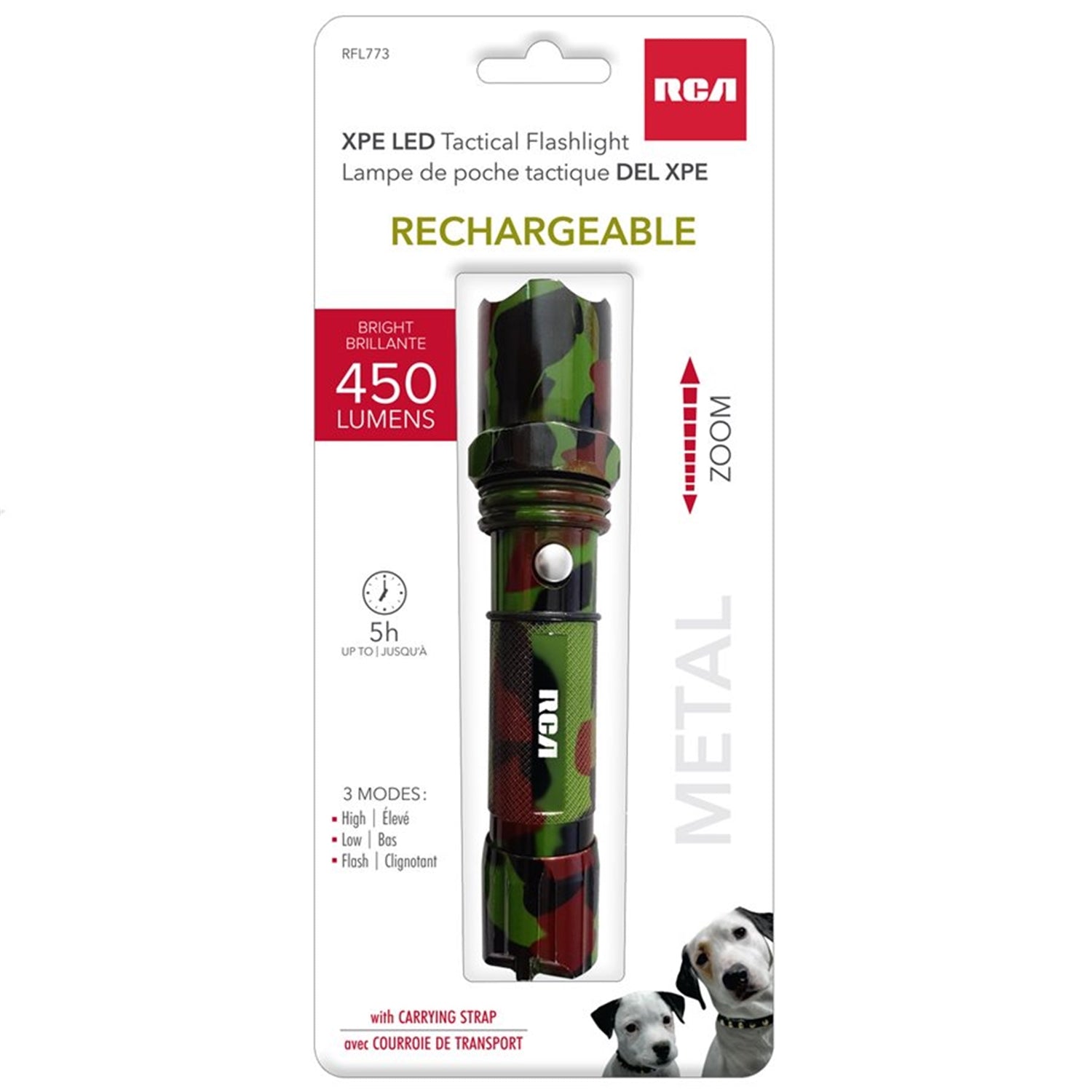 RCA - Lampe de Poche en Métal DEL XPE, Rechargeable, 450 Lumens, Motif Camouflage - Simple Boutique