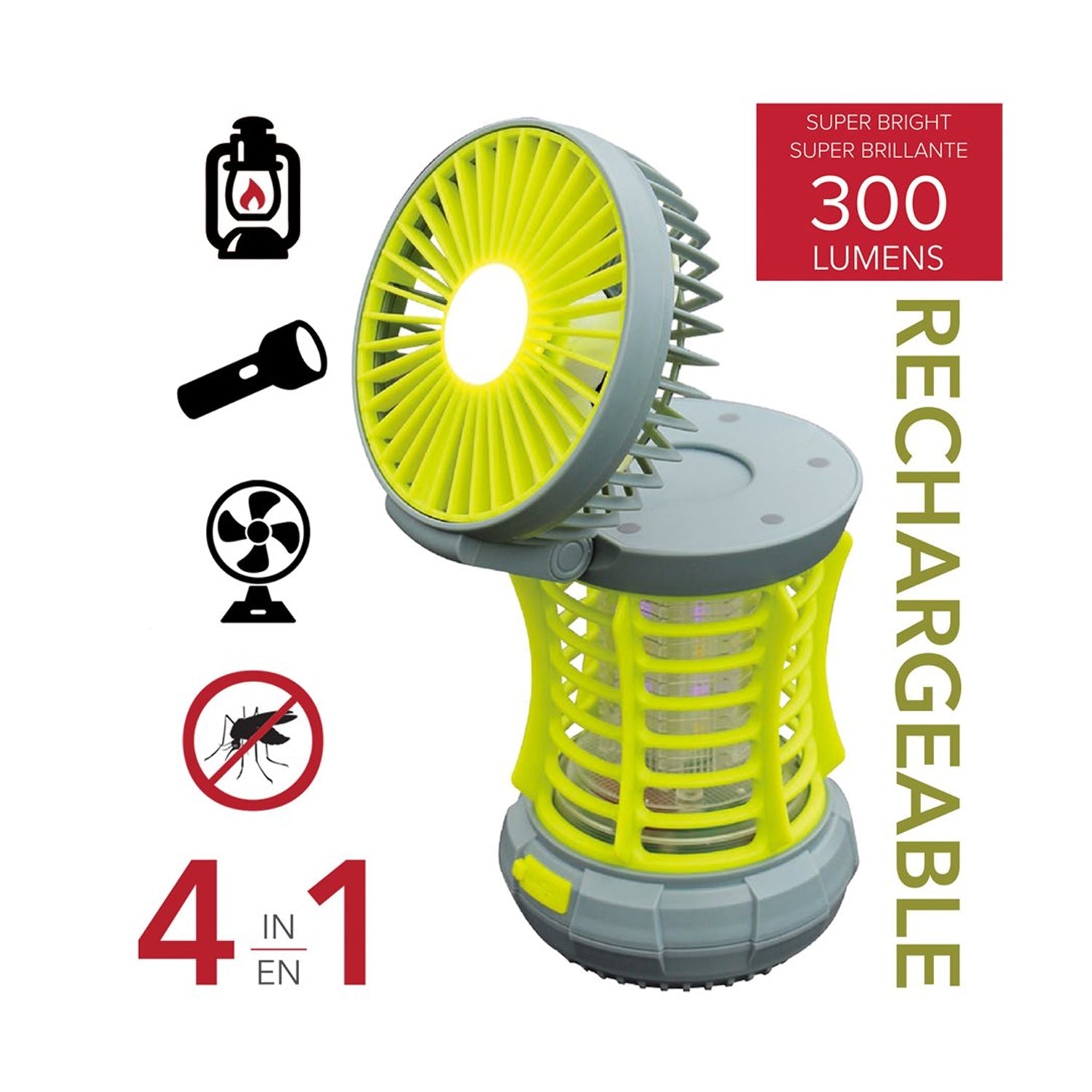 RCA RFL0100 - 4 en 1 Lanterne Rechargeable, Lampe de Poche LED, Ventilateur repliable et Anti-Moustiques - Simple Boutique