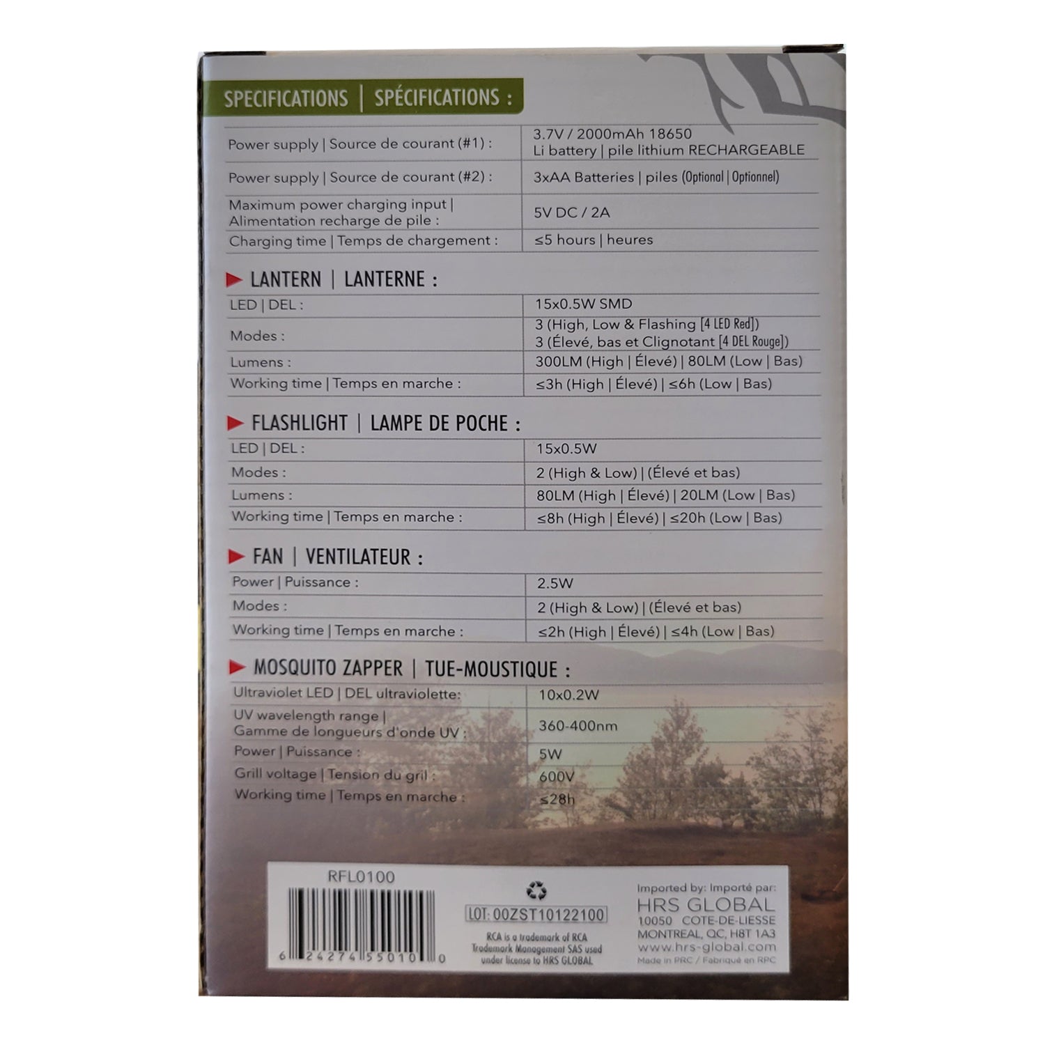 RCA RFL0100 - 4 en 1 Lanterne Rechargeable, Lampe de Poche LED, Ventilateur repliable et Anti-Moustiques - Simple Boutique