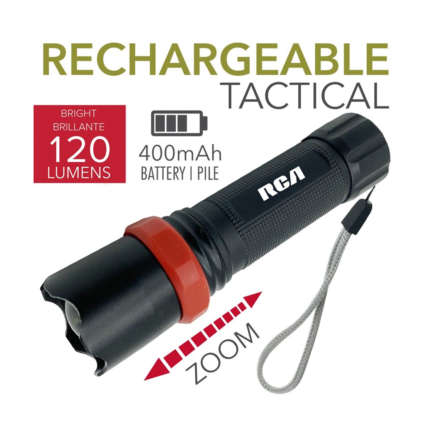 RCA RFL5001 - Lampe de Poche LED, Rechargeable, Puissante de 120 Lumens avec Zoom - Simple Boutique