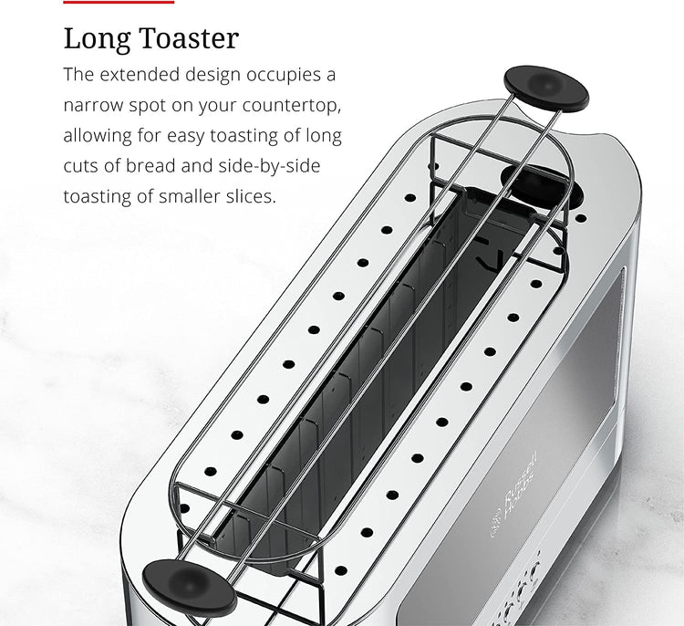 Russell Hobbs - Grille-Pain Moderne à 2 Tranches ou Tranche Longue avec Grille Chauffante Amovible Accents de verre et Acier Inoxydable - Simple Boutique