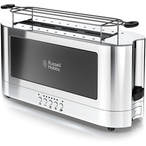 Russell Hobbs - Grille-Pain Moderne à 2 Tranches ou Tranche Longue avec Grille Chauffante Amovible Accents de verre et Acier Inoxydable - Simple Boutique