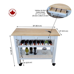 SB Îlot de Cuisine mobile sur Roues 38" x 18" x 34" avec Tiroir Blanc - Fabriqué au Canada - Simple Boutique