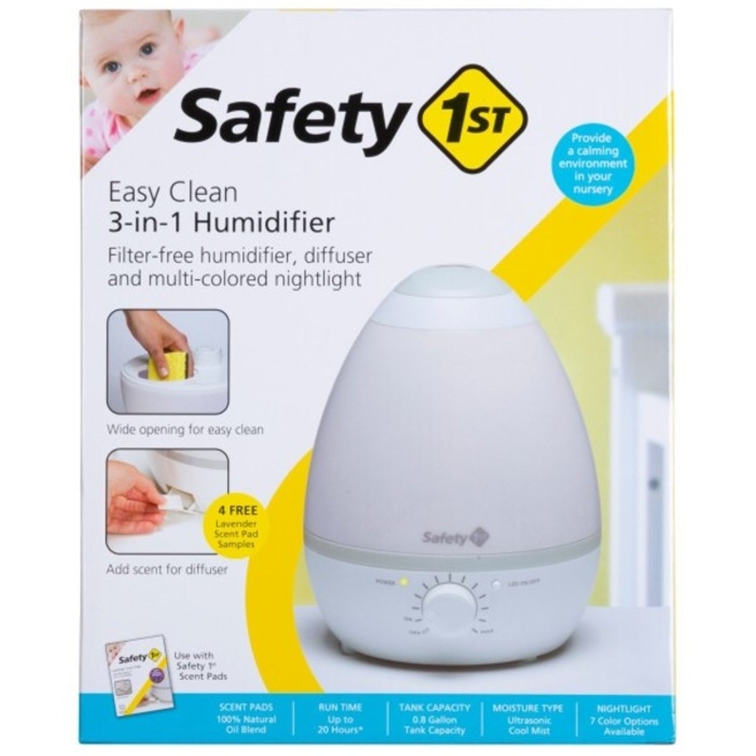 Safety 1st - Humidificateur 3 en 1 pour Chambre d'enfant, Facile à Nettoyer, Veilleuse Intégrée, Blanc - Simple Boutique