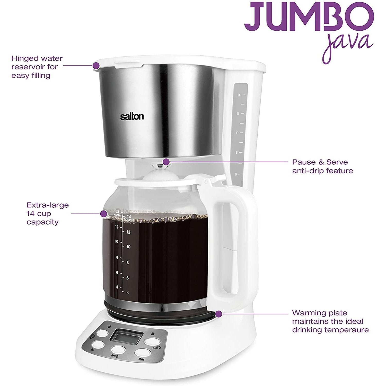 Salton - Cafetière Programmable Jumbo Java, Capacité de 14 Tasses, 1000W, Blanc - Simple Boutique