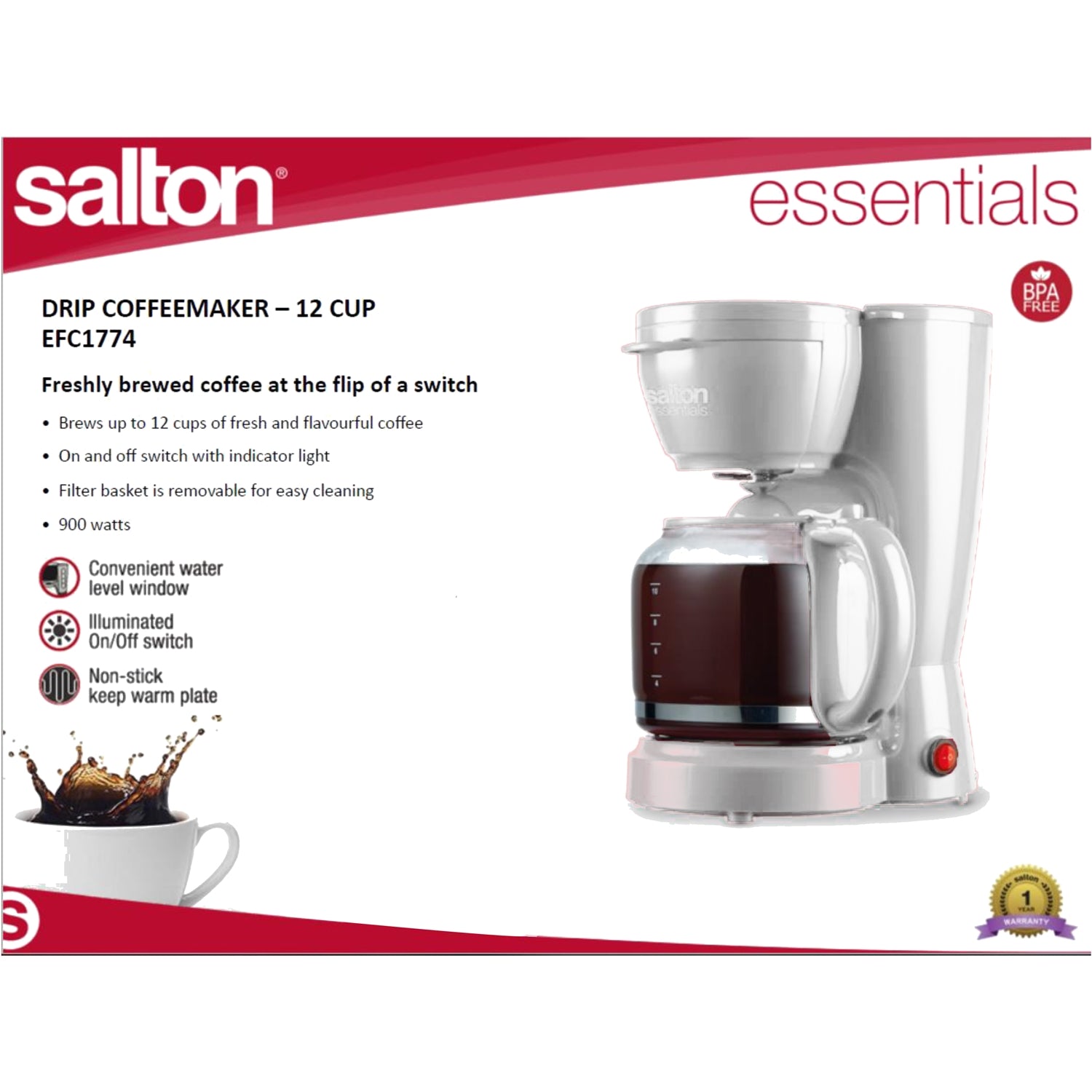 Salton Essentials EFC1774 - Cafetière 12 Tasses, 900 Watts, Blanc - Simple Boutique