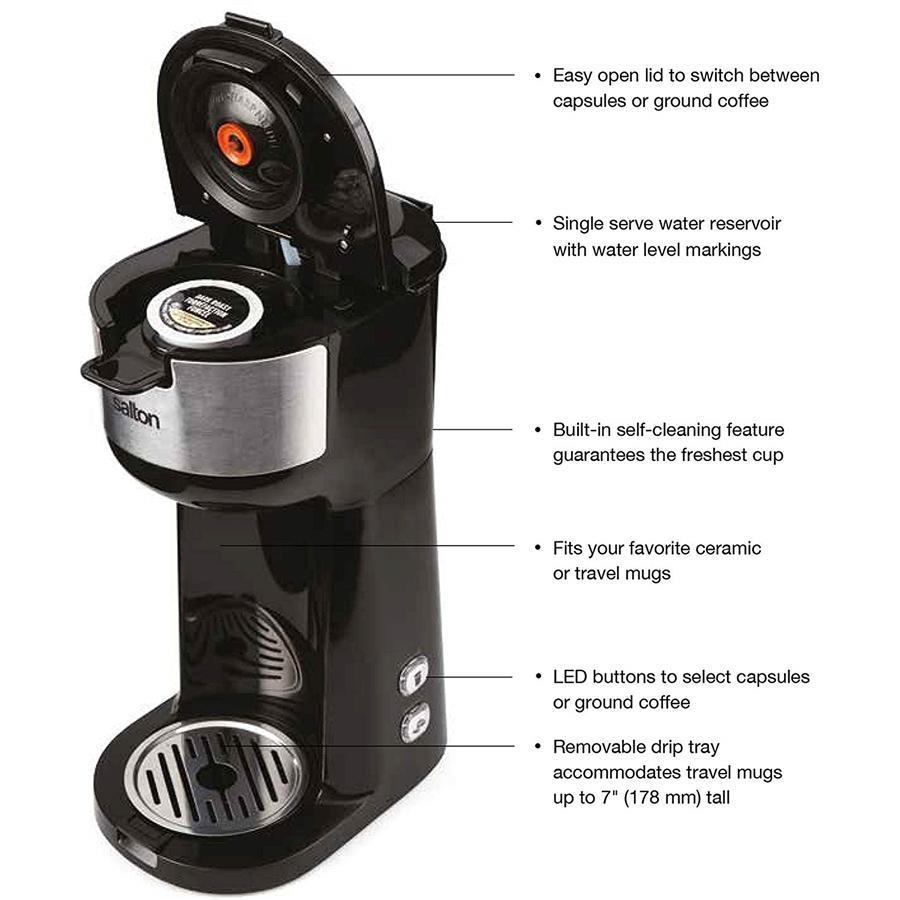 Salton FC1952 Cafetière 2 en 1 à Portion Unique Pour K-Cups ou Panier Filtre Acier Inoxydable - Simple Boutique