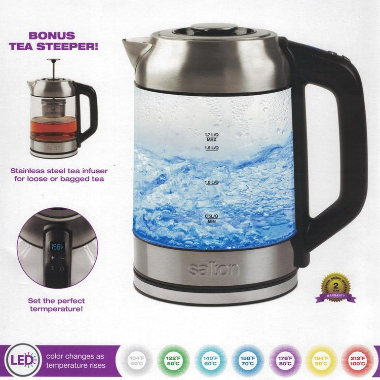 Salton GK1758 Bouilloire Électrique Sans Cordon 1.7 Litres Illuminée LED Changeant Selon la Température et Infuseur à Thé - Simple Boutique