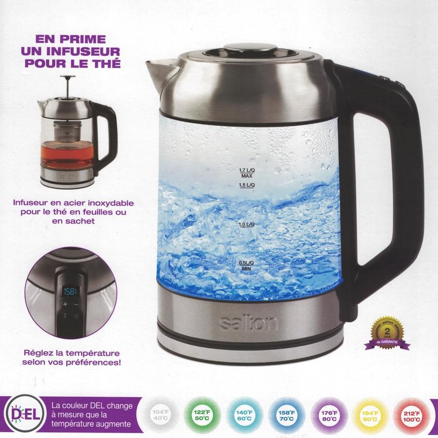 Salton GK1758 Bouilloire Électrique Sans Cordon 1.7 Litres Illuminée LED Changeant Selon la Température et Infuseur à Thé - Simple Boutique