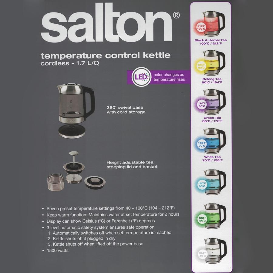 Salton GK1758 Bouilloire Électrique Sans Cordon 1.7 Litres Illuminée LED Changeant Selon la Température et Infuseur à Thé - Simple Boutique