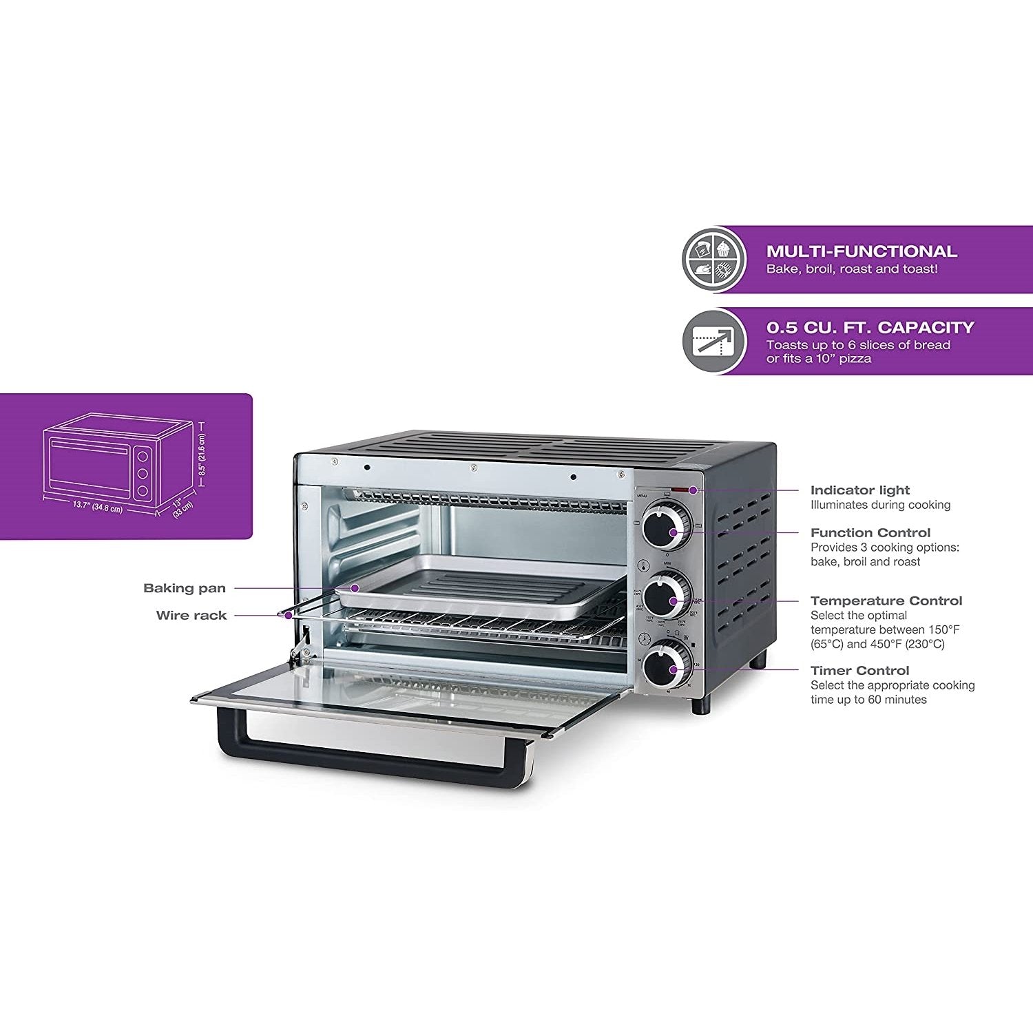 Salton TO2091BK Four Grille-Pain Multifonction, Capacité de 6 Tranches, 3 Fonctions de Cuisson, Acier Inoxydable - Simple Boutique