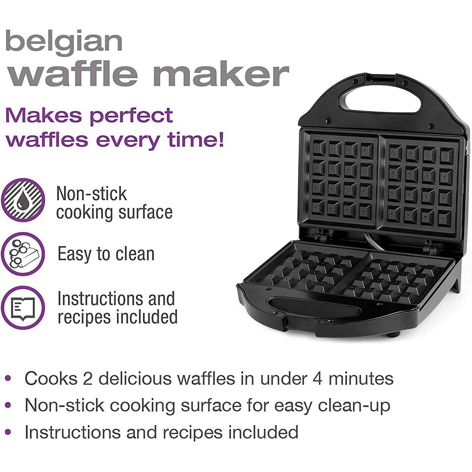 Salton WM1075BK - Gaufrier de Style Belge à 2 Tranches, Plaques Antiadhésive, Noir - Simple Boutique