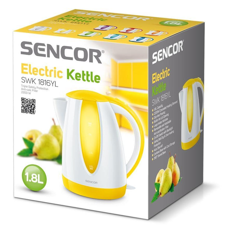 Sencor - Bouilloire Électrique avec Filtre Amovible, Capacité de 1.8 Litres, 1200W, Jaune - Simple Boutique