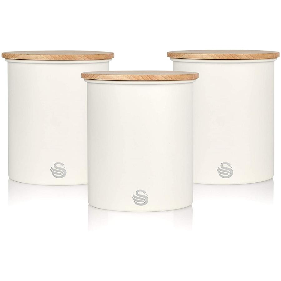 Swan - Ensemble de 3 Boites de Rangement de la Collection Nordique avec Couvercle en Bambou, Capacité de 1.84L, Blanc Mat - Simple Boutique