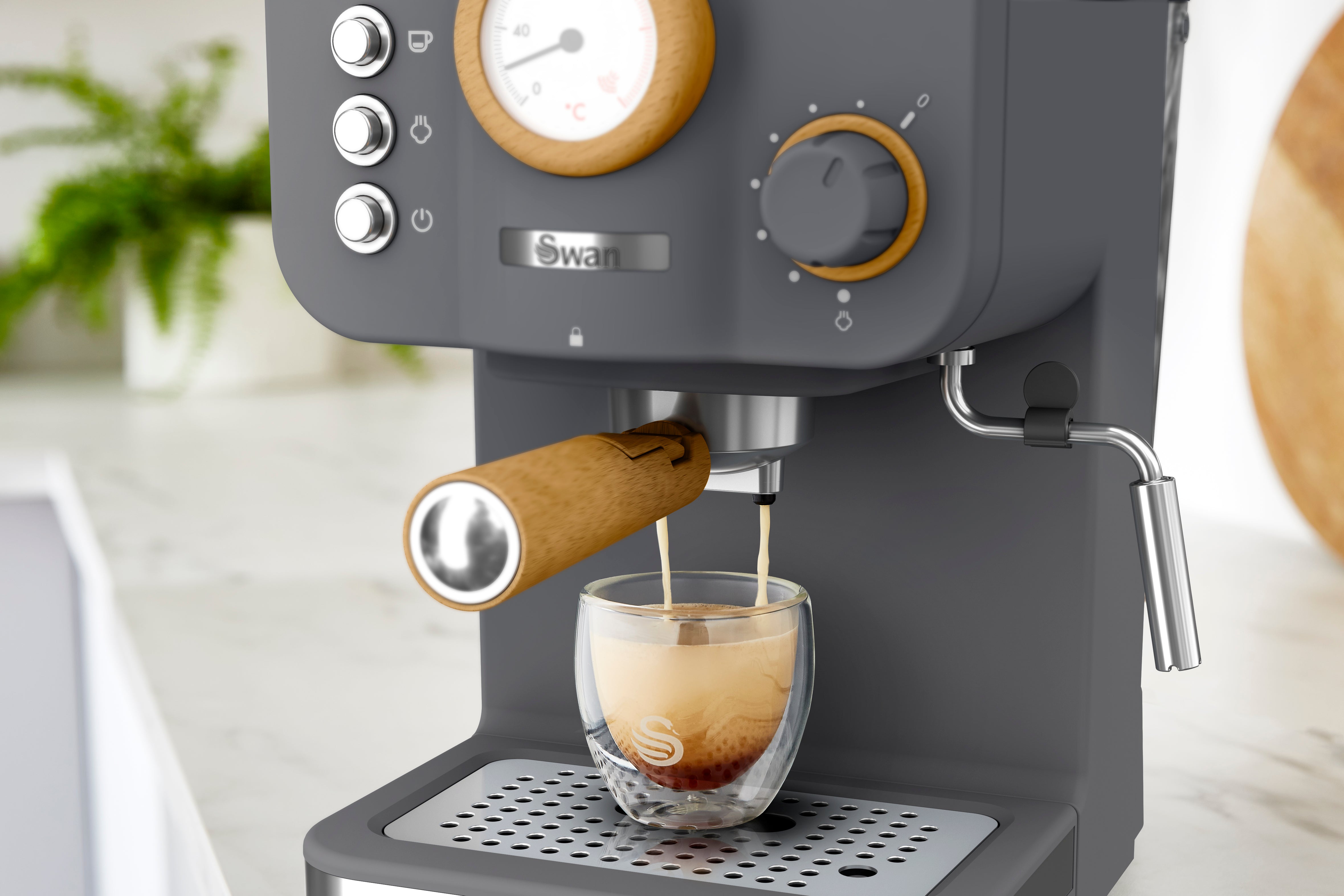 Swan Nordic SK22111GRYN Machine à Espresso, Pression 15 Bars, Mousseur à Lait, Réservoir 1,2 L, Gris - Simple Boutique