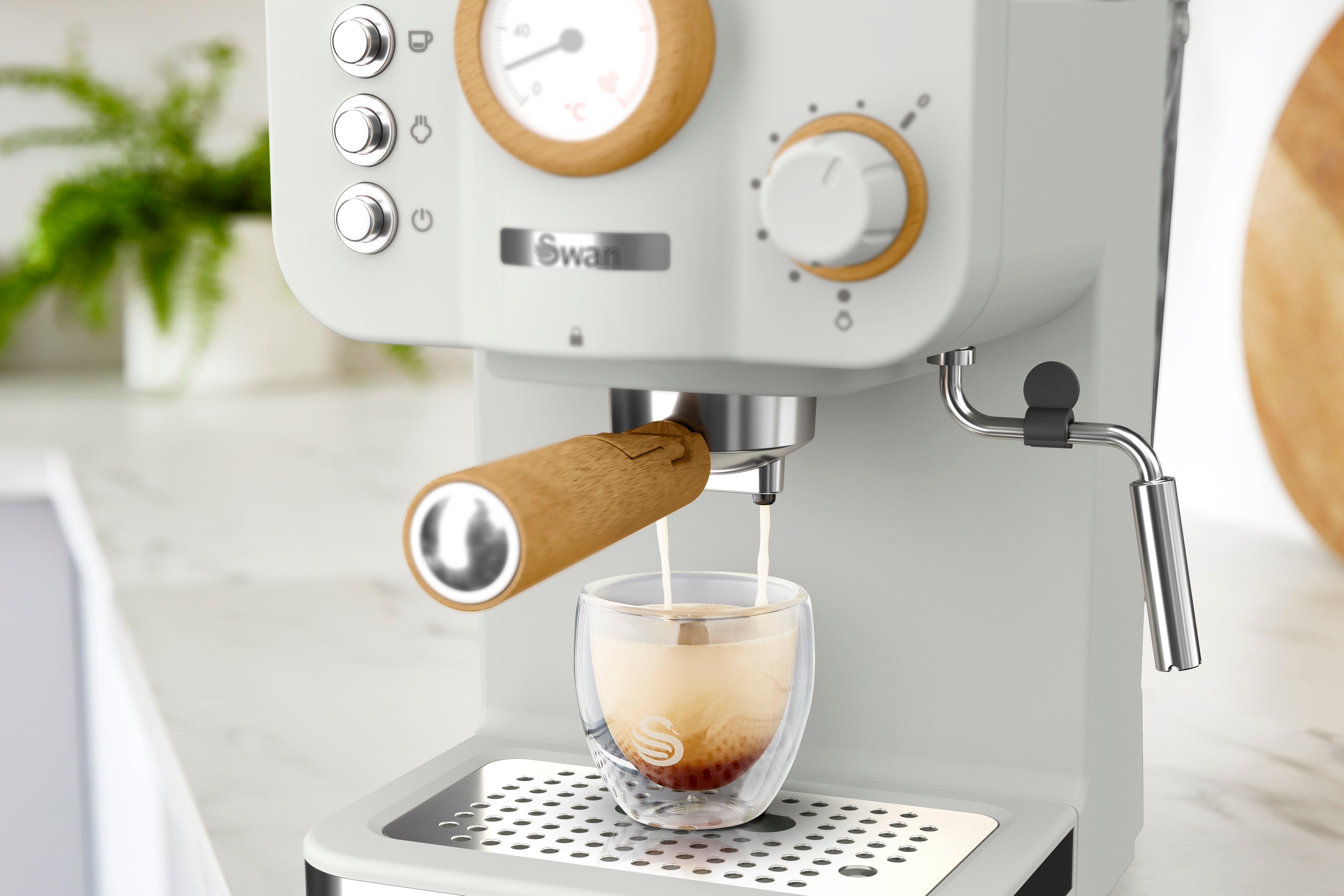 Swan Nordic SK22111WHTN Machine à Espresso, Pression 15 Bars, Mousseur à Lait, Réservoir 1,2 L, Blanc - Simple Boutique