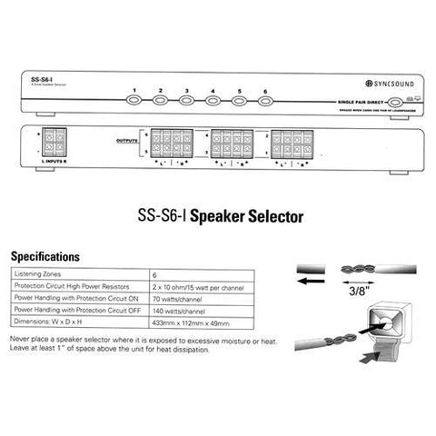 SyncSound SS-S6-I Sélecteur Haut-Parleurs 6 Paires Avec Protection D'impédance