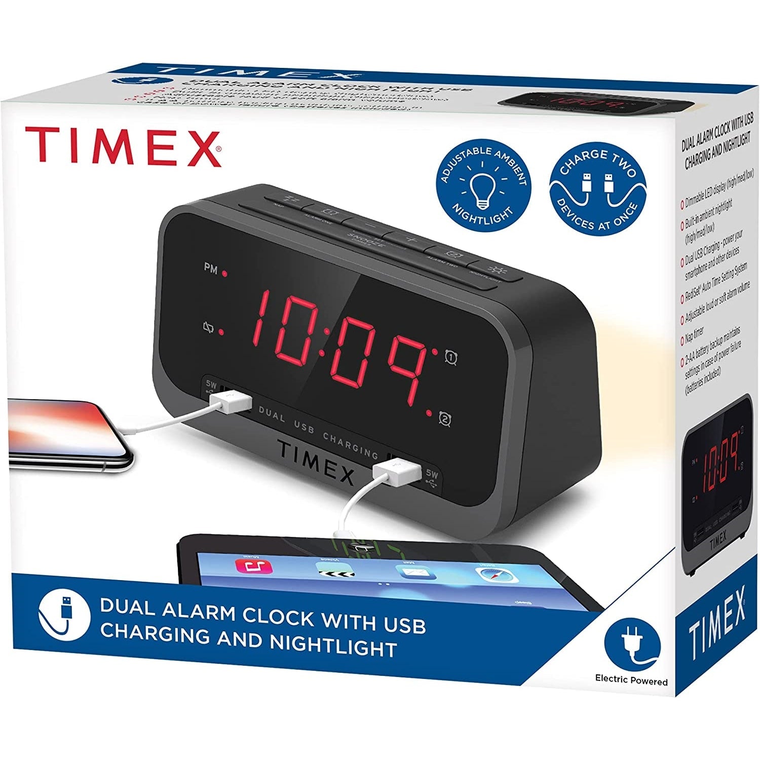 Timex - Radio-Réveil à Double Alarme avec Écran LED, Chargement USB et Veilleuse, Noir - Simple Boutique