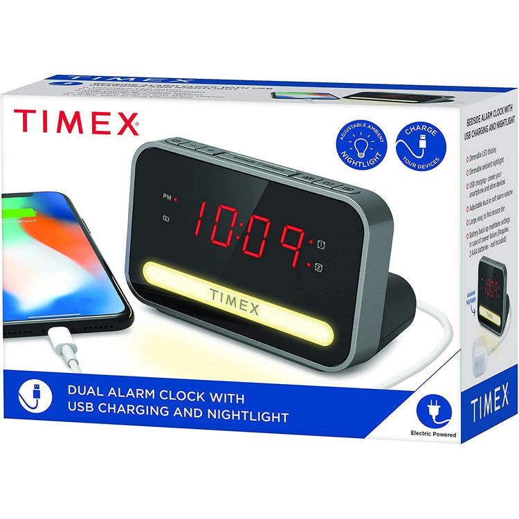 Timex - Radio-Réveil avec Écran LED, Chargement USB et Veilleuse, Noir - Simple Boutique