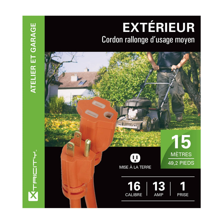 Xtrciity - Rallonge Électrique à 1 Prise avec Mise à la Terre, Longeur de 15 Mètres, Pour Usage Extérieur, Orange - Simple Boutique