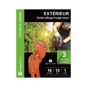 Xtrciity - Rallonge Électrique à 1 Prise avec Mise à la Terre, Longeur de 3 Mètres, Pour Usage Extérieur, Orange - Simple Boutique