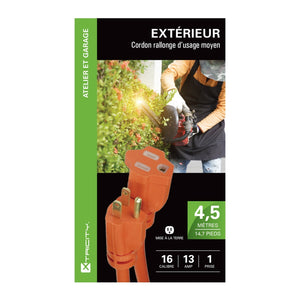 Xtrciity - Rallonge Électrique à 1 Prise avec Mise à la Terre, Longeur de 4.5 Mètres, Pour Usage Extérieur, Orange - Simple Boutique