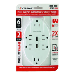 Xtreme - Adaptateur Mural à 6 Prises de Courant avec 2 Ports USB 2.4A, Blanc - Simple Boutique