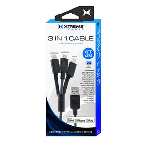 Xtreme XMT8-1001-MP1 Câble de Chargement 3 en 1 de Type C, Micro USB, Lightning, 6 Pieds, Noir - Simple Boutique