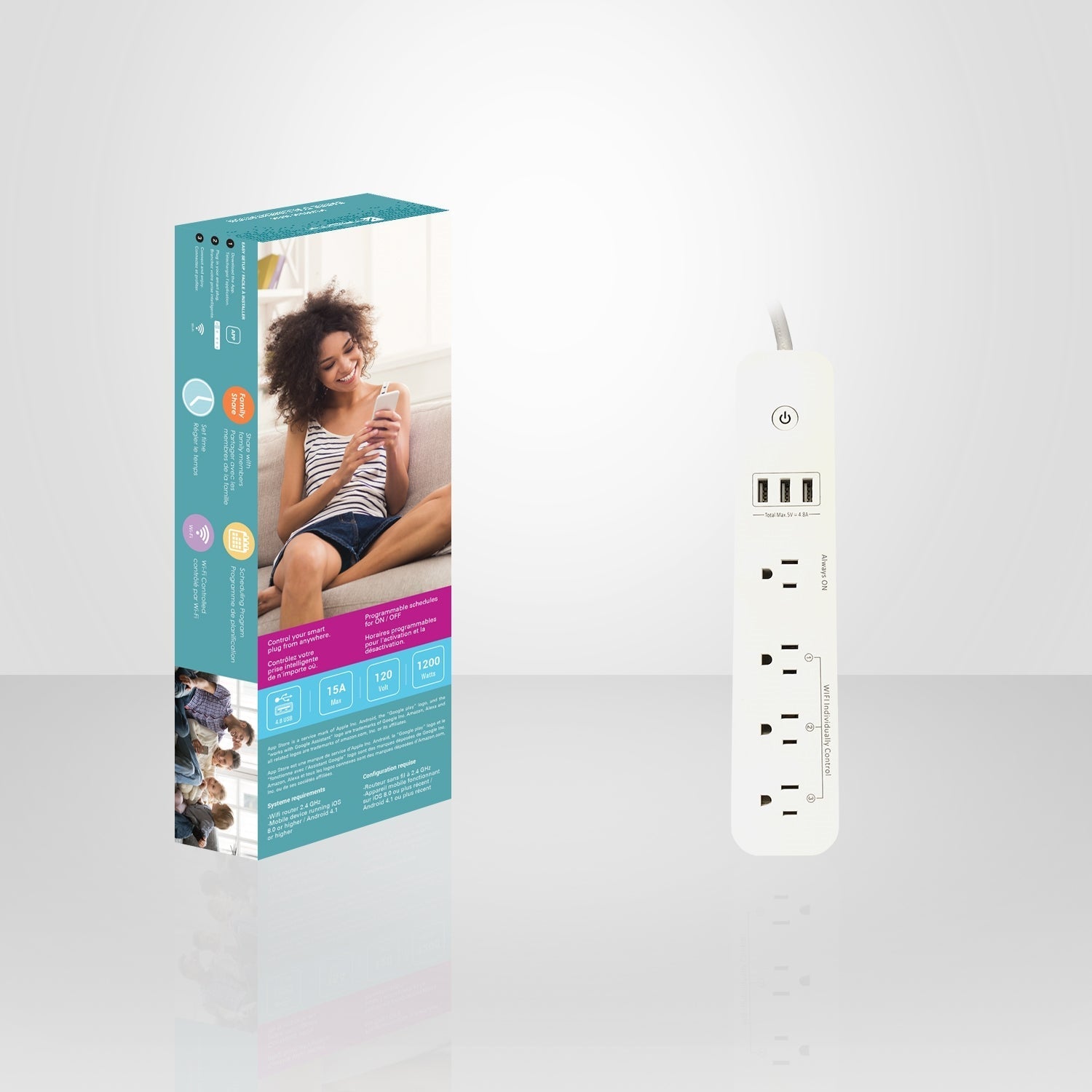 Xtricity - Barre d'alimentation Intelligente Wi-Fi à 4 Prises et 3 Ports USB 4.8A, Blanc - Simple Boutique