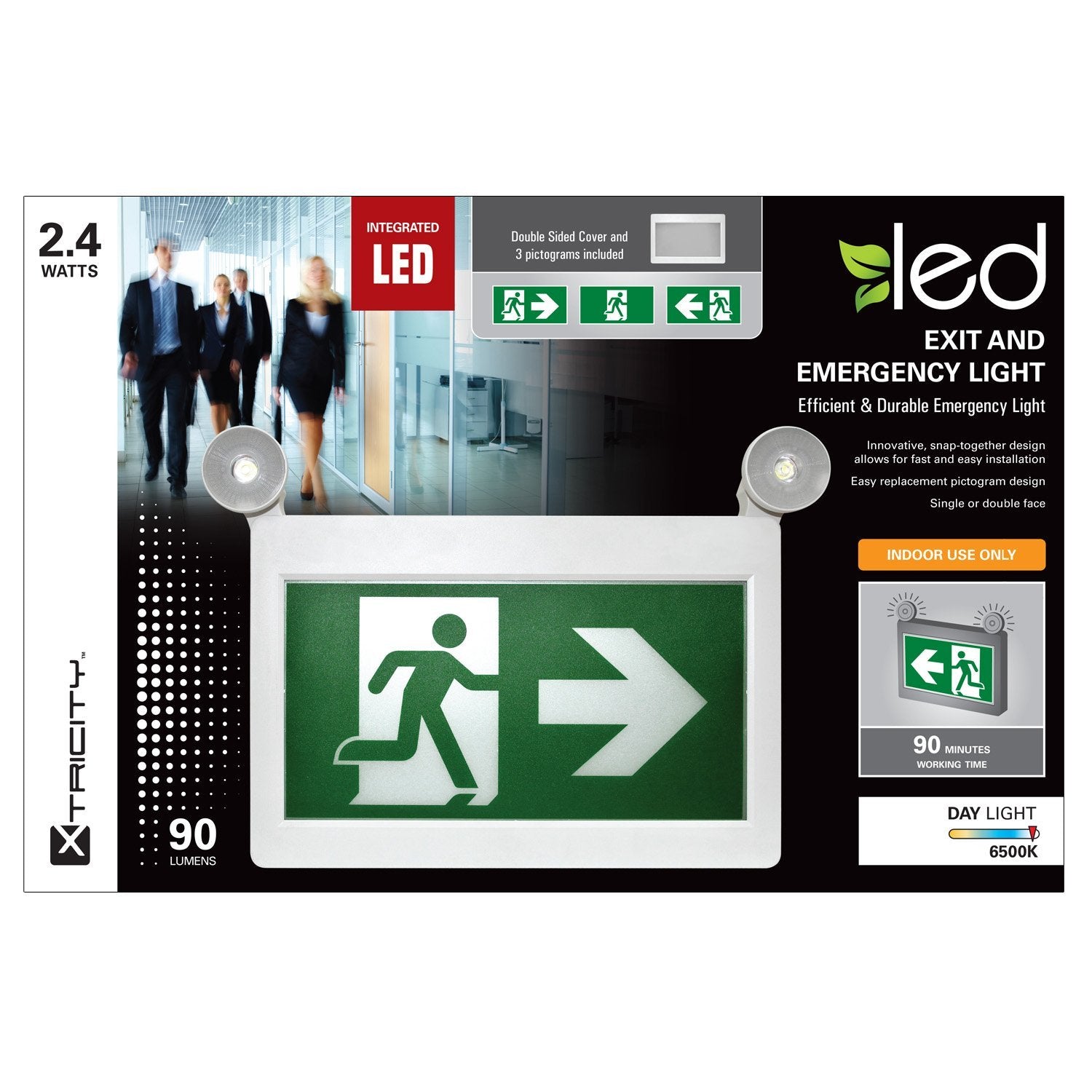 Xtricity DEL Lumiere Sortie D'urgence 1.2w X 2 Têtes 3 Pictogram. 90l - Simple Boutique