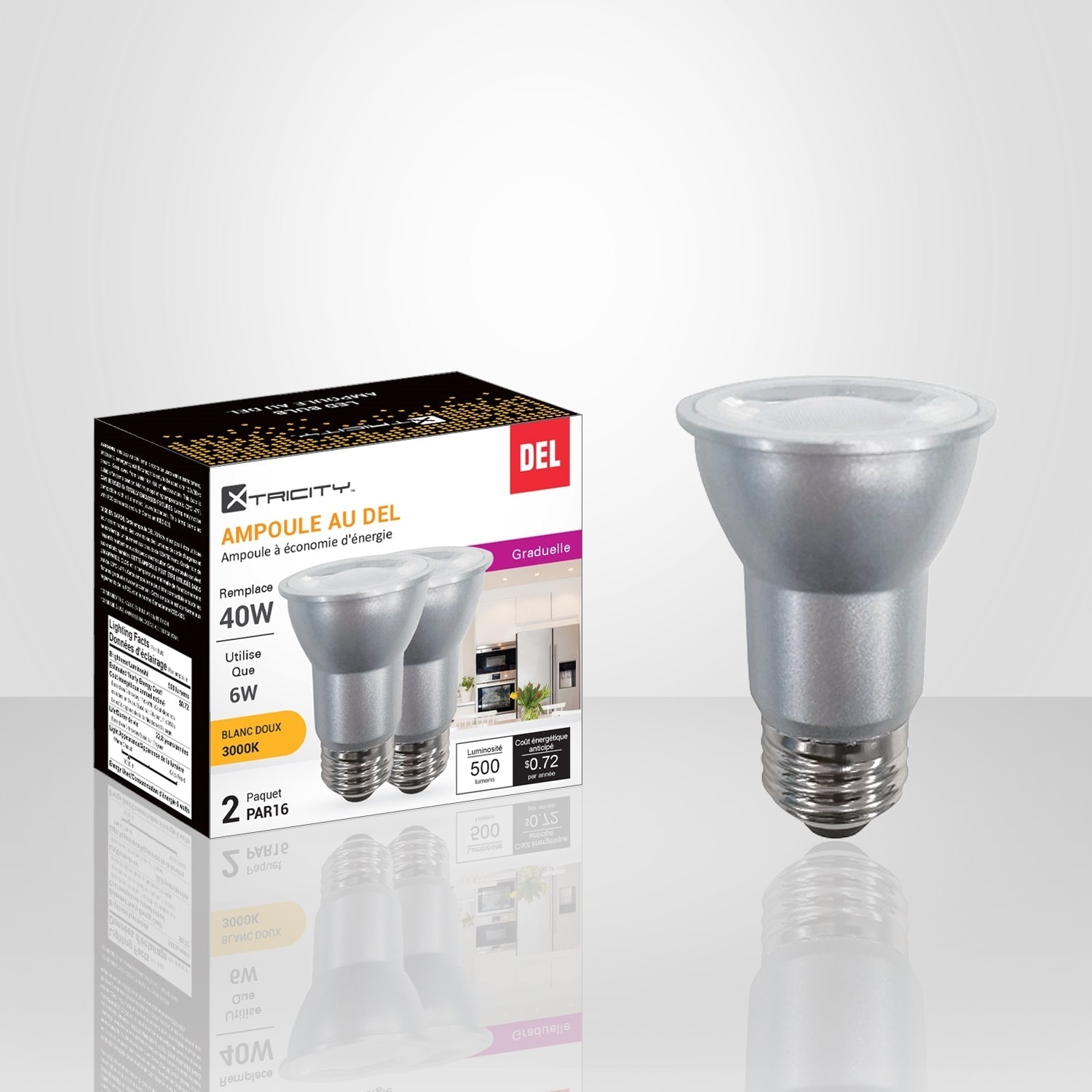 Xtricity - Ensemble de 2 Ampoule DEL à Économie d'énergie, Gradable, 6W, Type PAR16, 3000K Blanc Doux - Simple Boutique