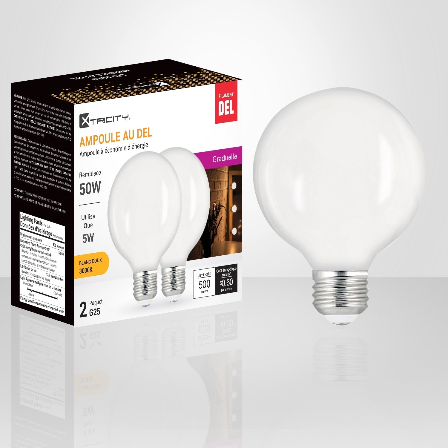 Xtricity - Ensemble de 2 Ampoules DEL à Économie d'énergie, Gradable, 5W, Culot E26, 3000K Blanc Doux - Simple Boutique