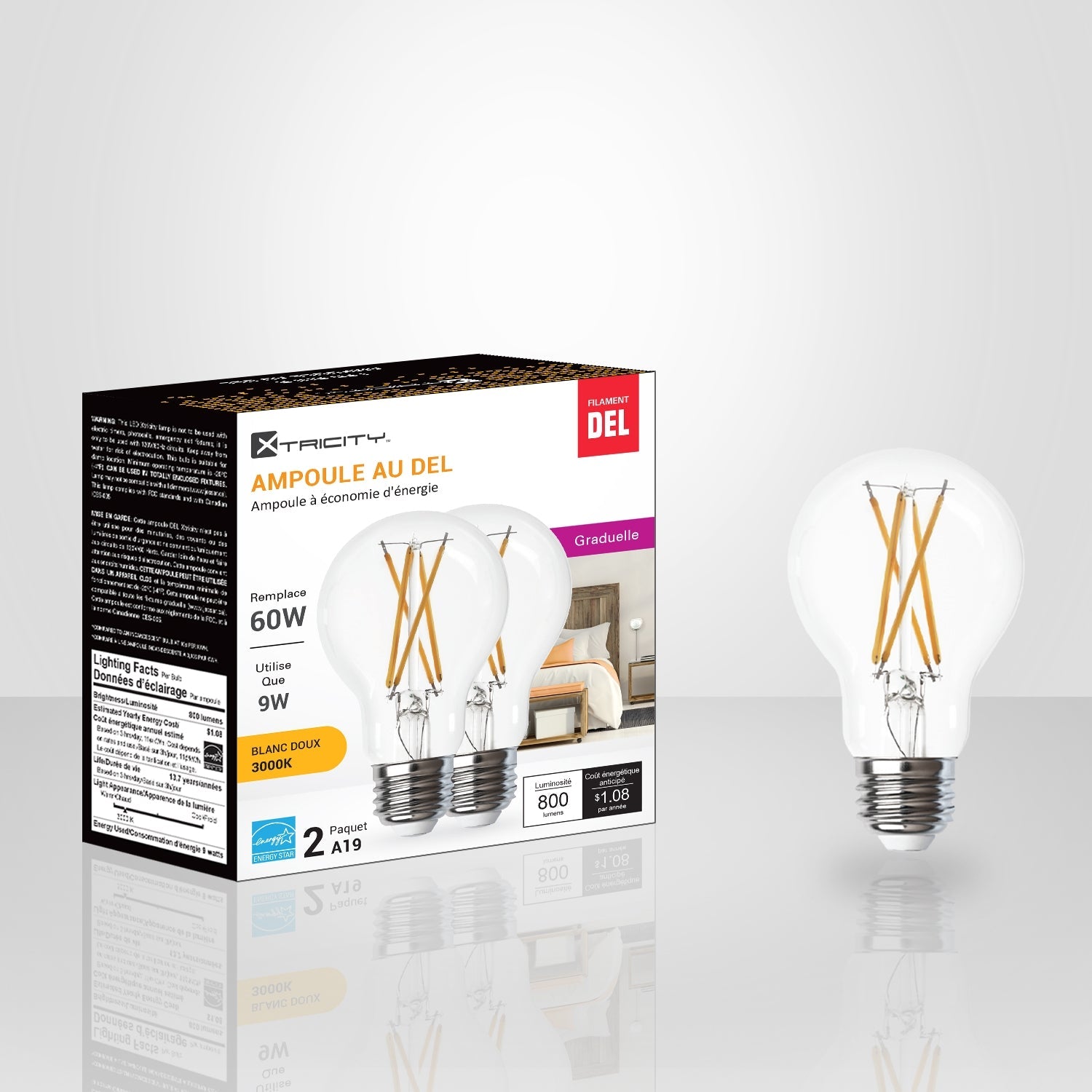 Xtricity - Ensemble de 2 Ampoules DEL à Économie d'énergie, Gradable, 9W, Type A, 3000K Blanc Doux - Simple Boutique