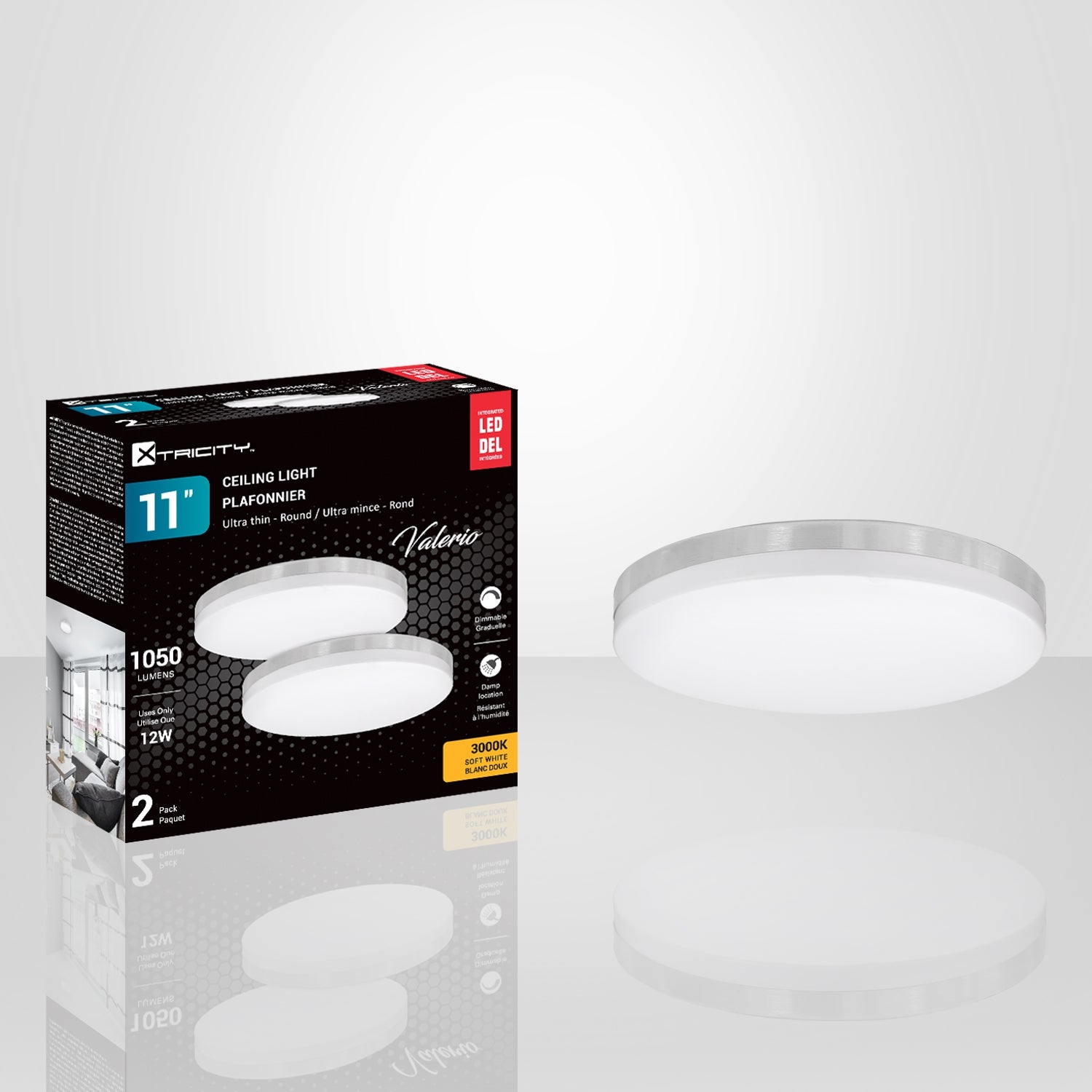 Xtricity - Ensemble de 2 Plafonniers Ronds avec DEL Intégrées, Diamètre de 11", De la Collection Valerio, Nickel - Simple Boutique