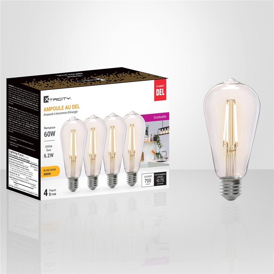 Xtricity - Ensemble de 4 Ampoules DEL Gradables à écoconomie d'énergie, 6.2W, Culot E26, 3000K Blanc Doux - Simple Boutique