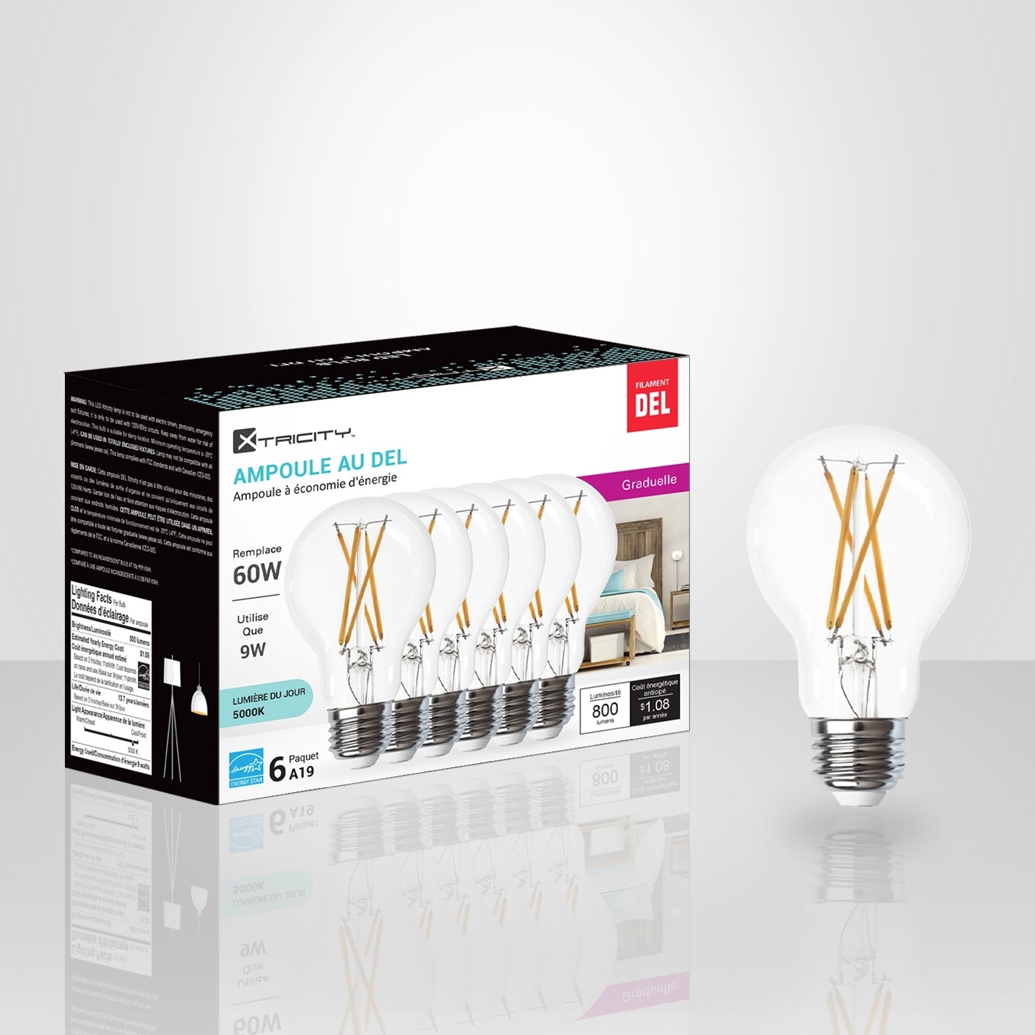 Xtricity - Ensemble de 6 Ampoules DEL à Économie d'énergie, Gradable, 9W, Type A, 5000K Lumière du Jour - Simple Boutique
