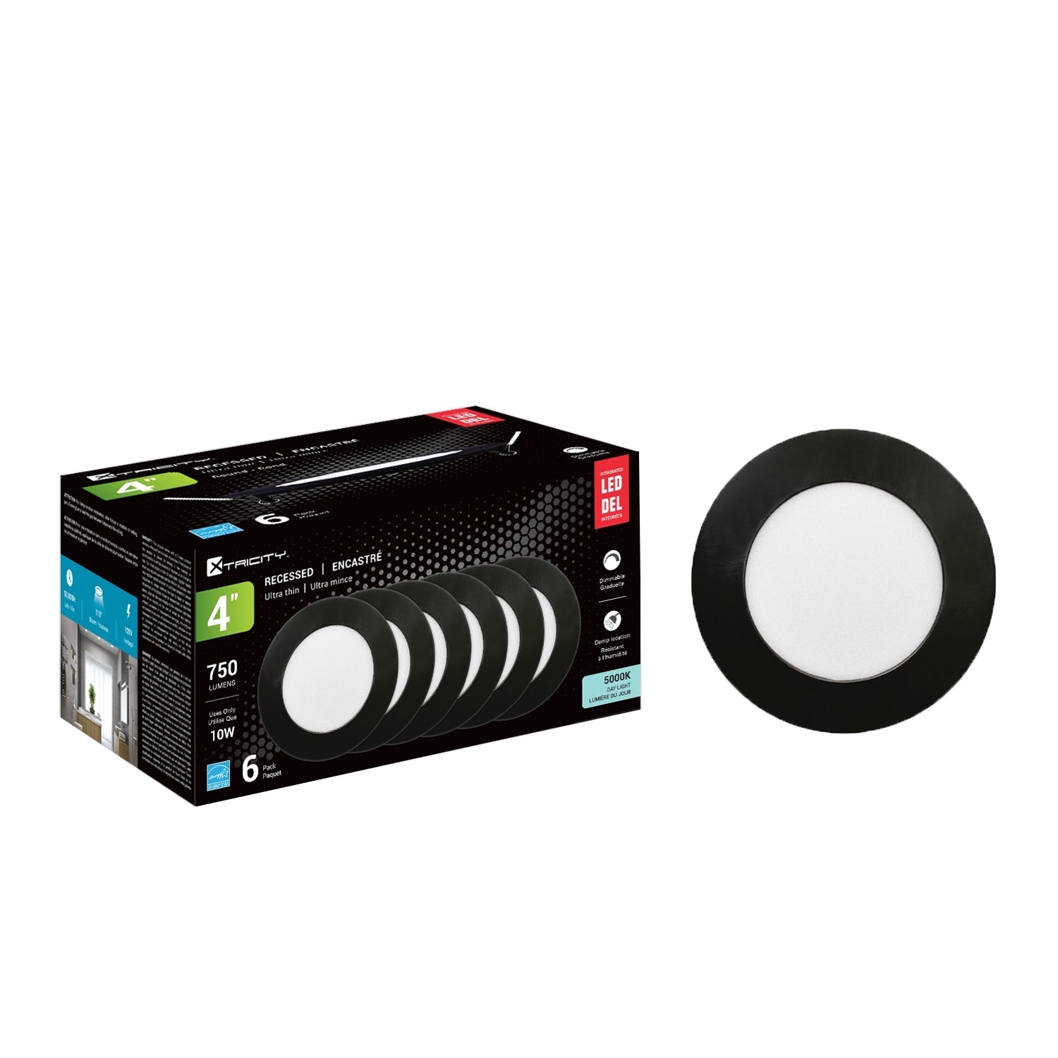 Xtricity - Lumière Encastrée DEL, Diamètre de 4'' , Gradable, 10W, 5000K Lumière du Jour, Paquet de 6 - Simple Boutique