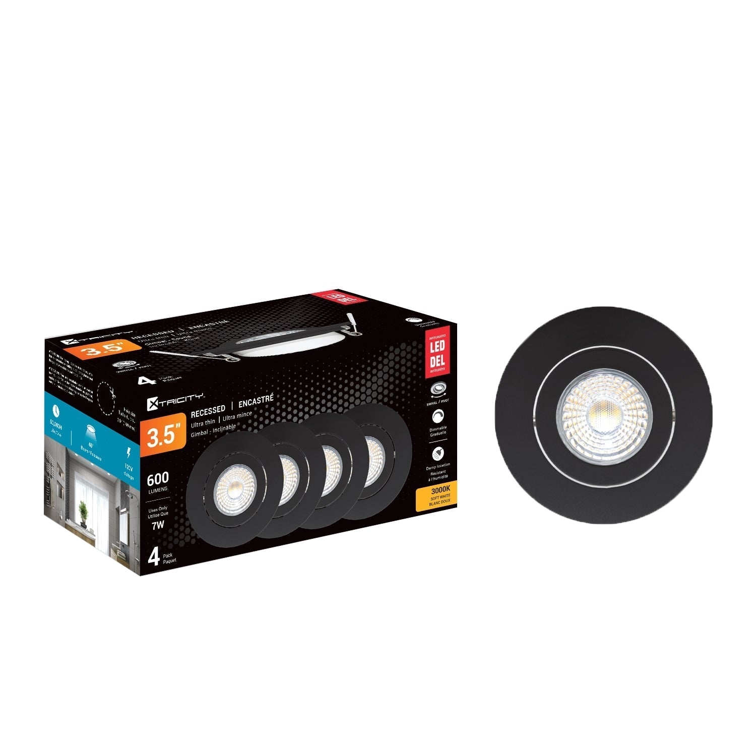 Xtricity - Lumière Encastrée Inclinable DEL, Diamètre de 3.5'', Gradable, 7W, 3000K Blanc Doux, Paquet de 4 - Simple Boutique